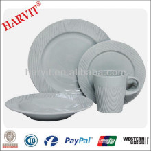 Wood Grain Ceramic Dinner Set / 16pcs Grey Stoneware Dinner Set / Ceramic White Embossed Dinnerware Set